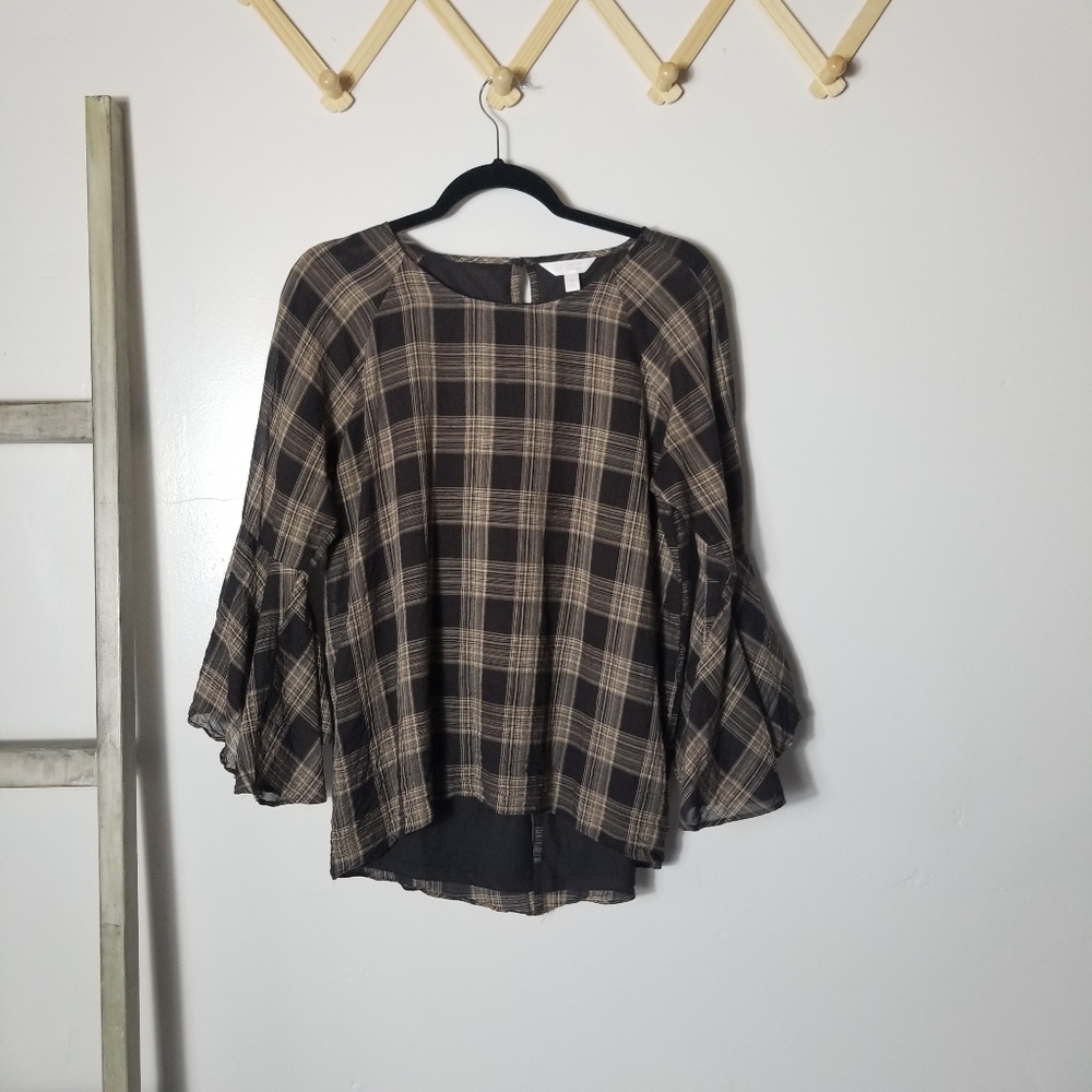 LAUREN CONRAD LINED BROWN/TAN BLOUSE SIZE MED WITH FLARED SLEEVE